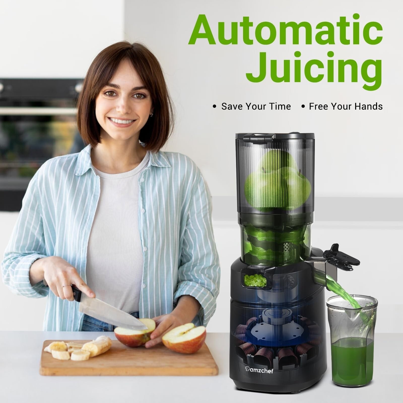 AMZCHEF 5.3-Inch Self-Feeding Masticating Juicer Fit Whole Fruits & Vegetables