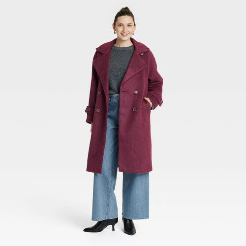 Women's Double Breasted Cocoon Overcoat - Universal Thread Maroon XS
