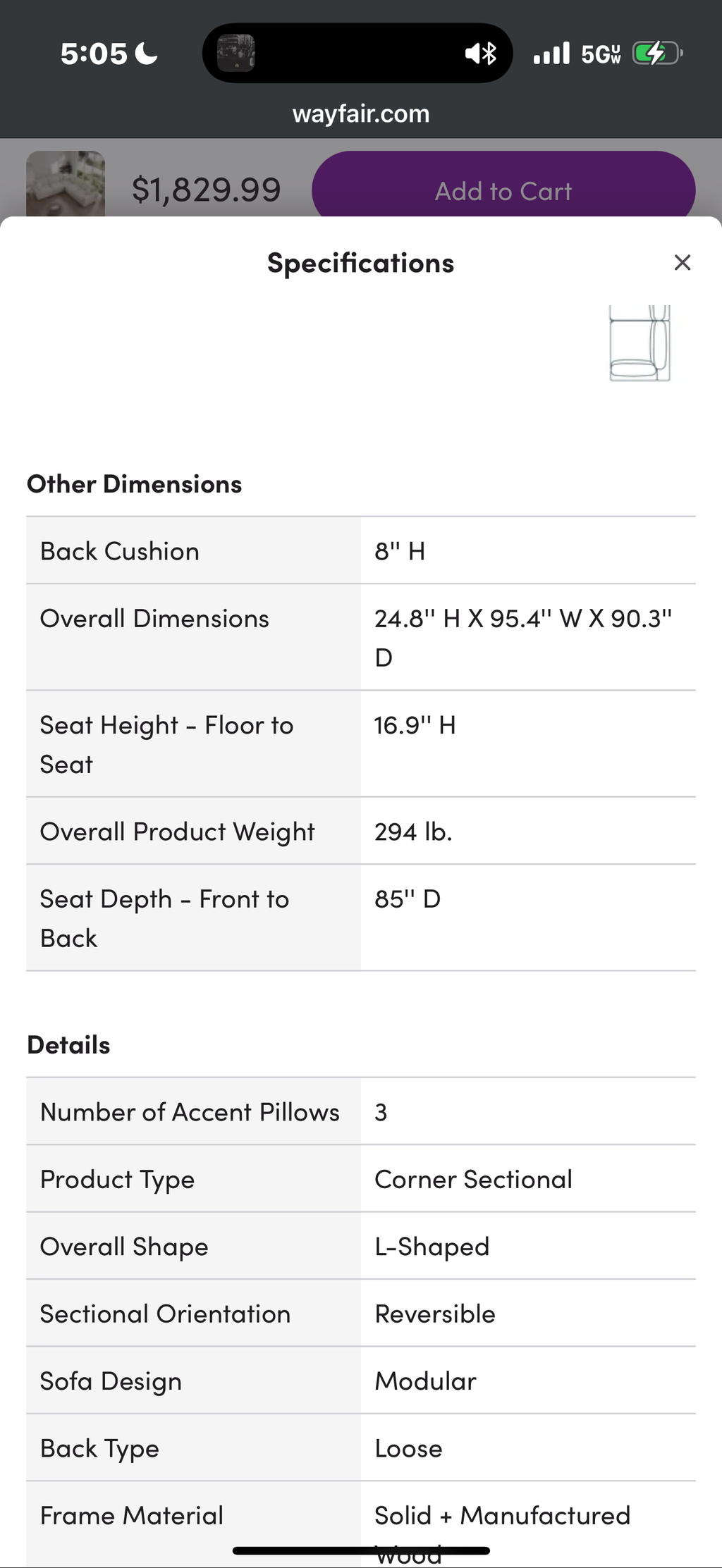 Ovaish 95.4'' Upholstered Sofa, Cloud Sofa, L Shaped Sectional Sofa Couch Modular Sofa for Living Room