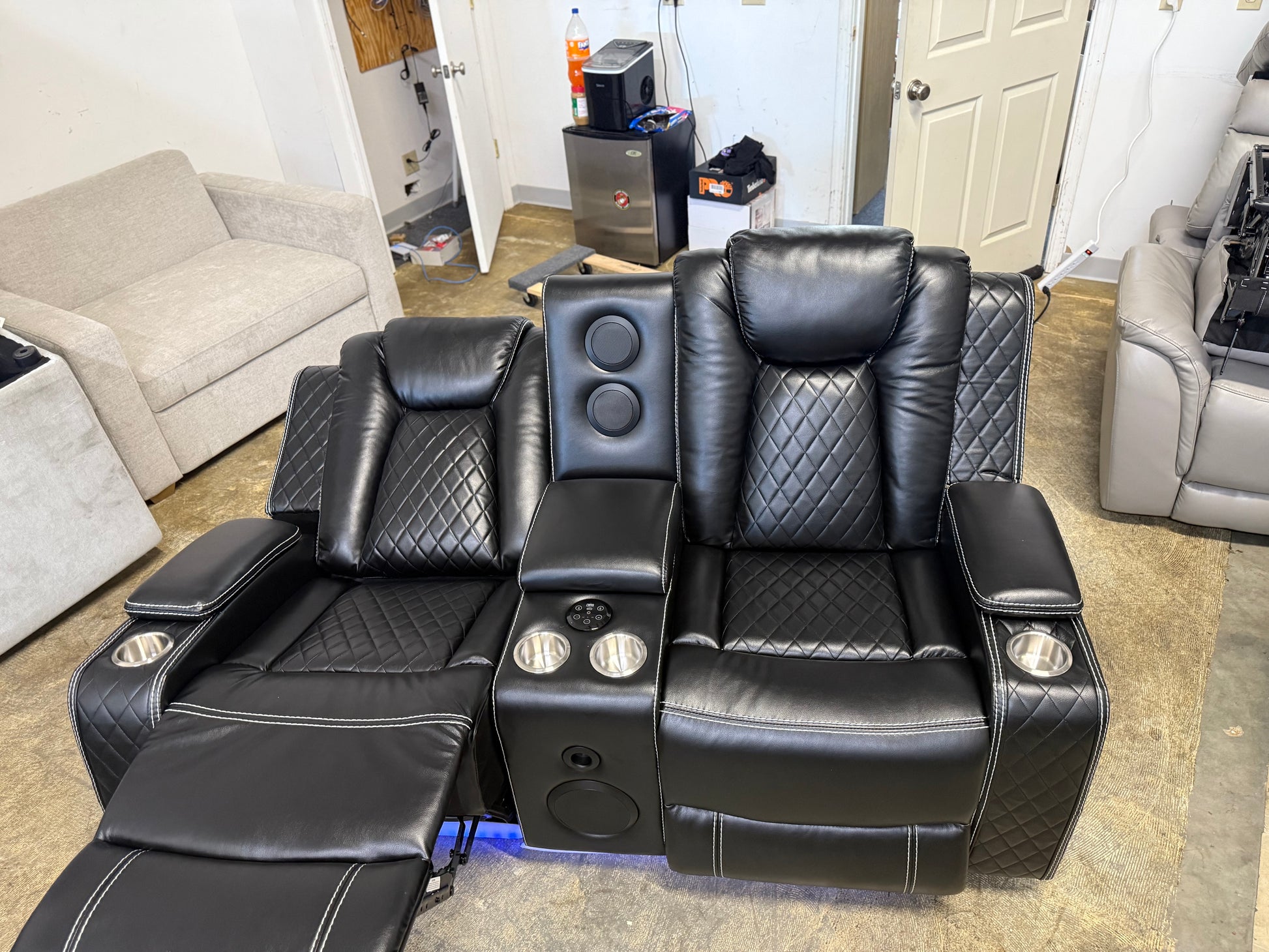Leather Power Loveseat Recliner Couch with Bass Speakers and LED Lights