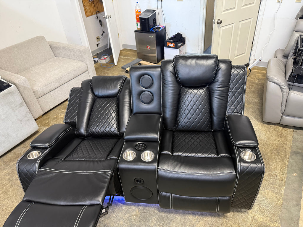 Leather Power Loveseat Recliner Couch with Bass Speakers and LED Lights