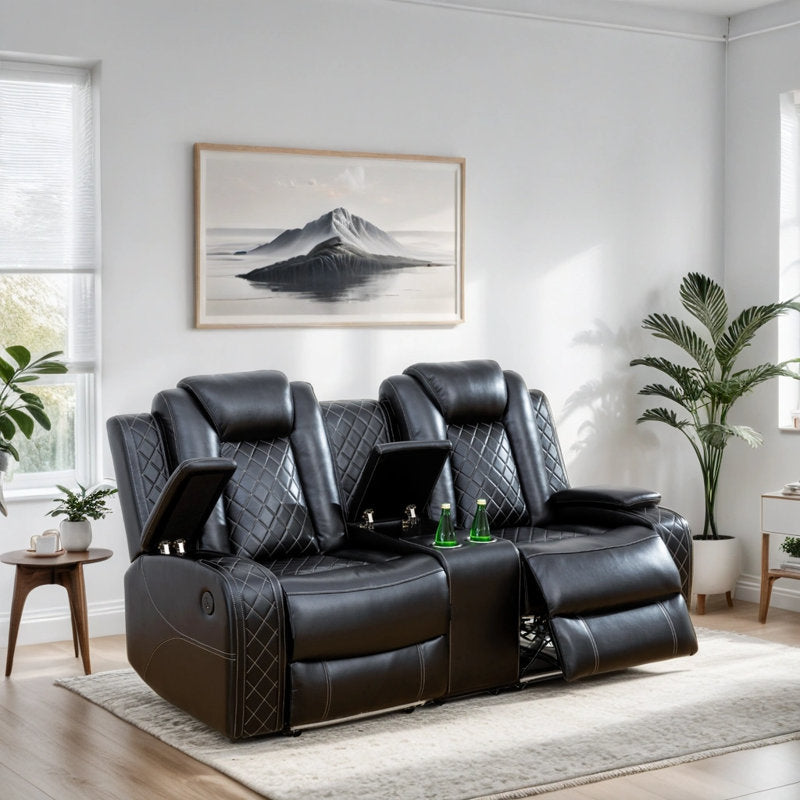 73"W Breathable Leather Dual Motor Power Reclining Loveseat Sofa with Storage Armrest And Blue LED Lights
