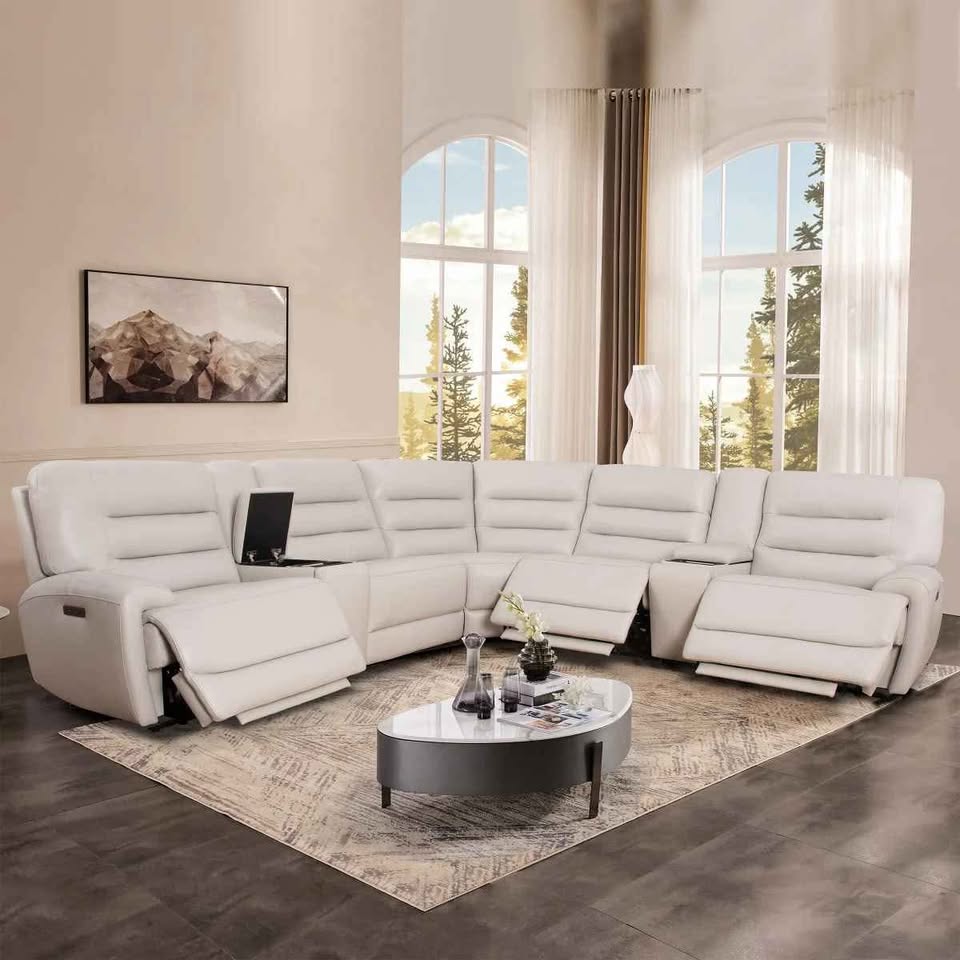 Aubrey 7-piece Leather Power Zero Gravity Reclining Sectional with Power Headrests ( Cream )