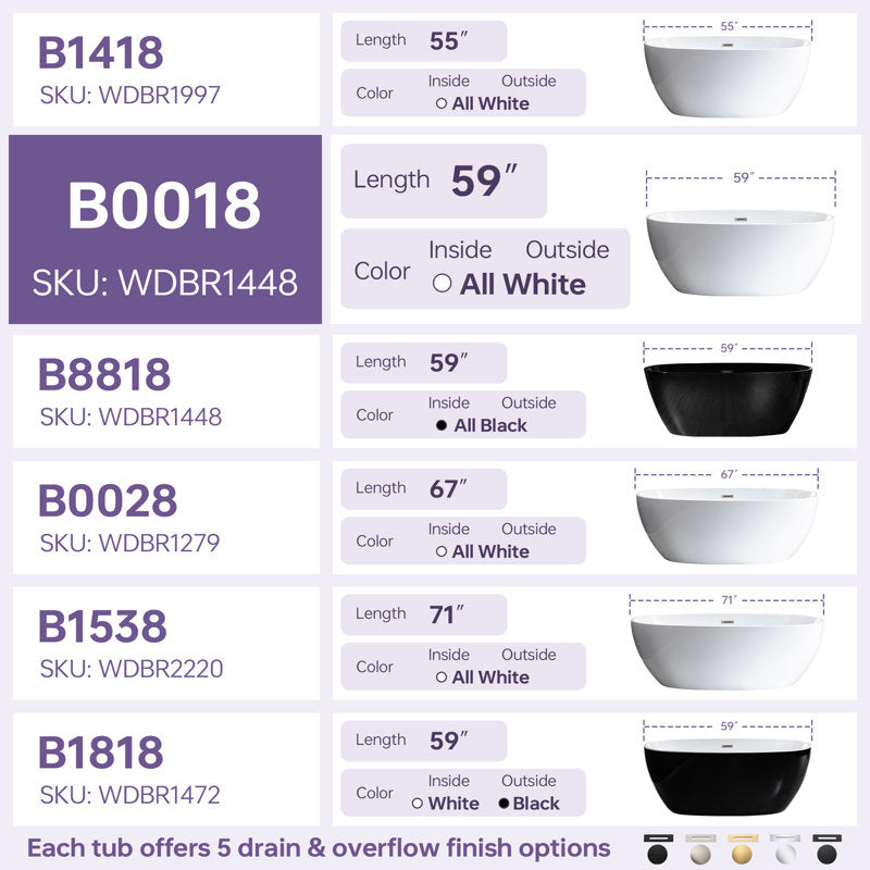 Ember 59'' x 32'' Freestanding Soaking Acrylic Bathtub B0018 -BG-Drain &O