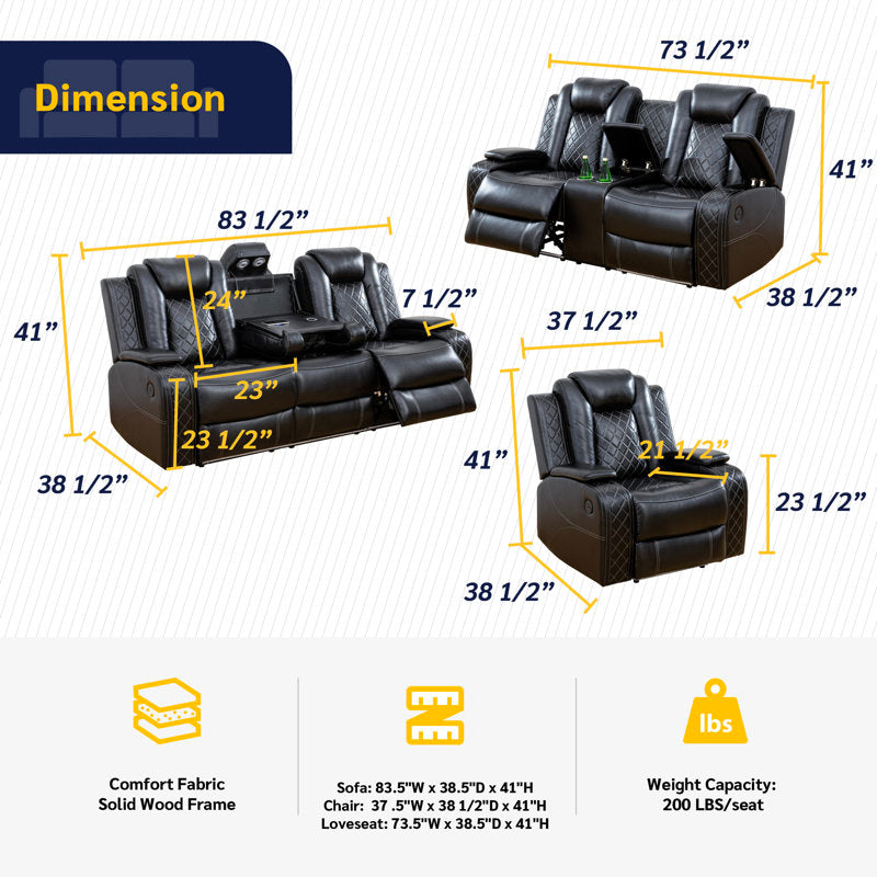 Ajaipal 3 Piece Power Reclining Breathing Faux Leather with LED and Reading Light Living Room Set (Set of 3)