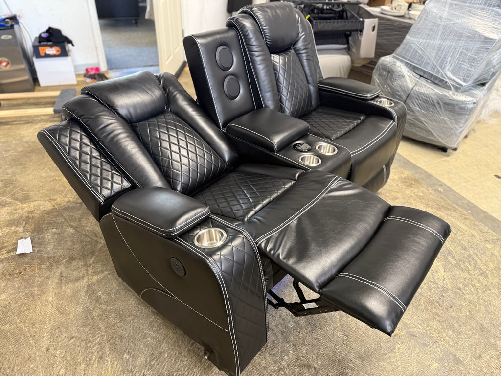 Leather Power Loveseat Recliner Couch with Bass Speakers and LED Lights