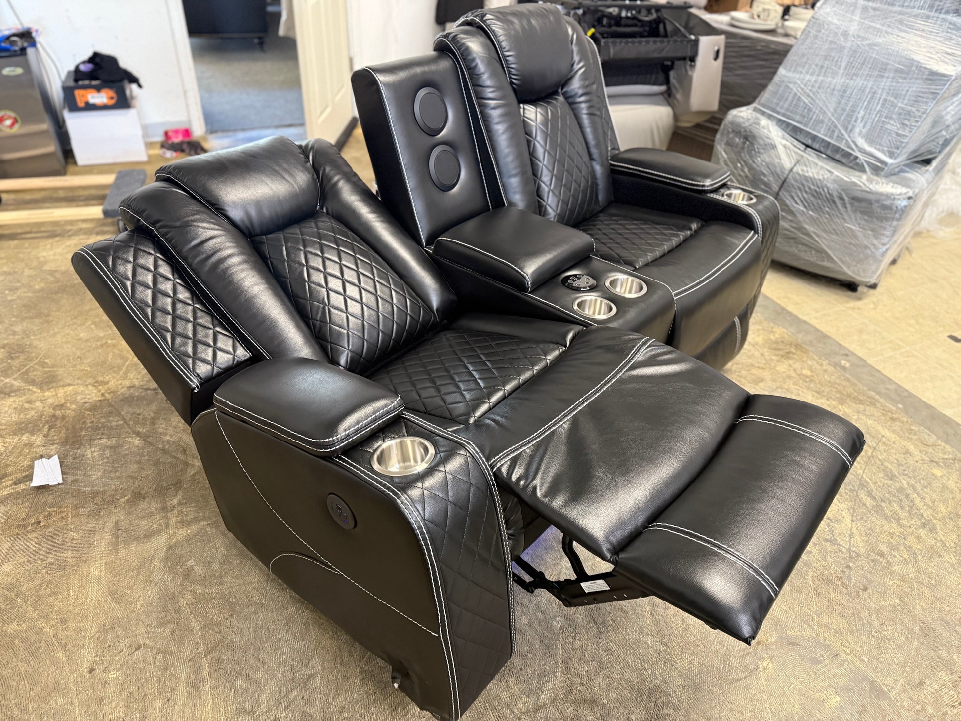 Leather Power Loveseat Recliner Couch with Bass Speakers and LED Lights