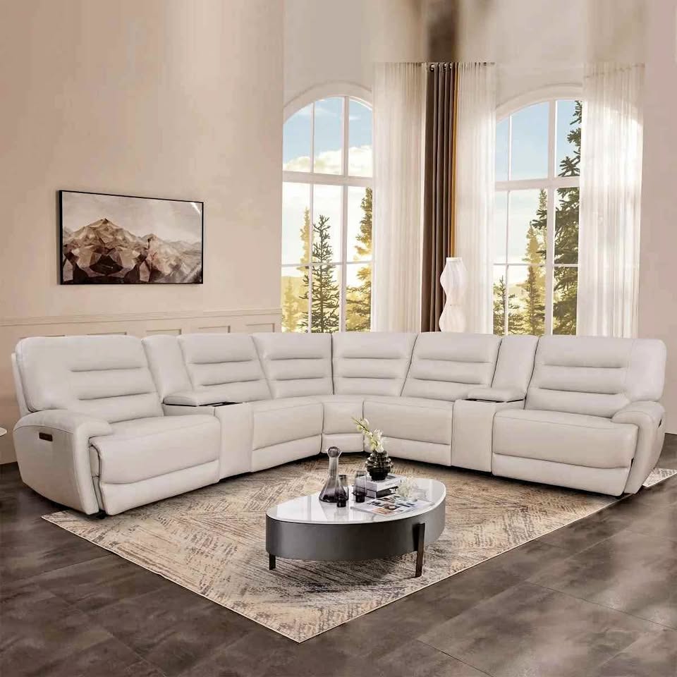 Aubrey 7-piece Leather Power Zero Gravity Reclining Sectional with Power Headrests ( Cream )