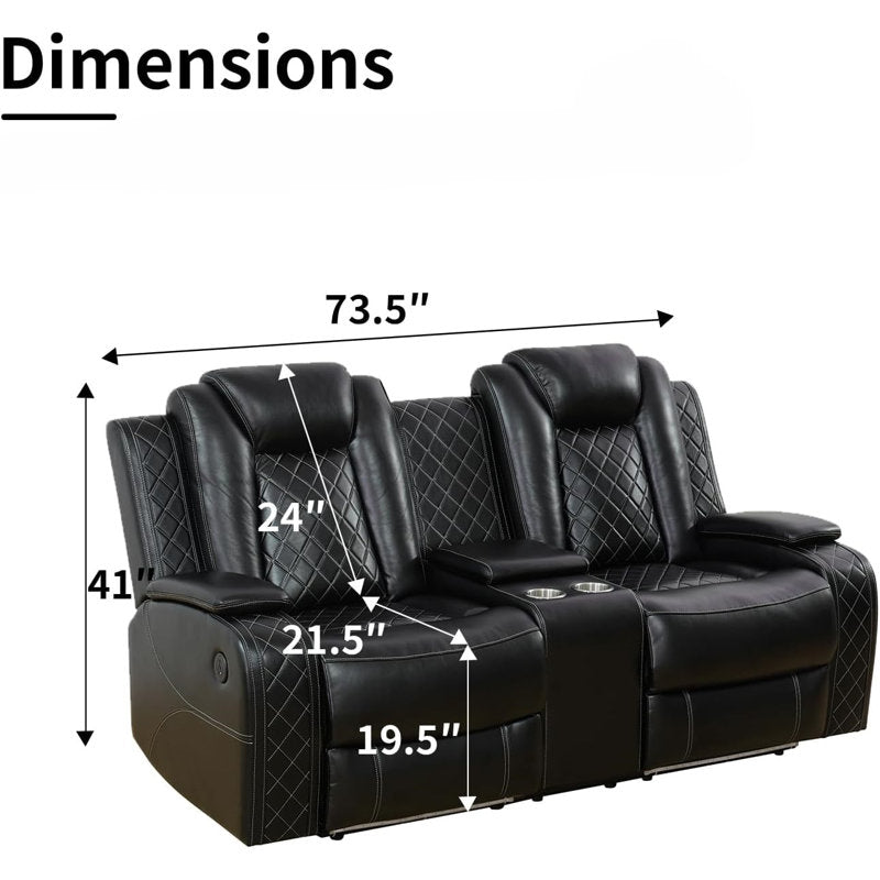 73"W Breathable Leather Dual Motor Power Reclining Loveseat Sofa with Storage Armrest And Blue LED Lights