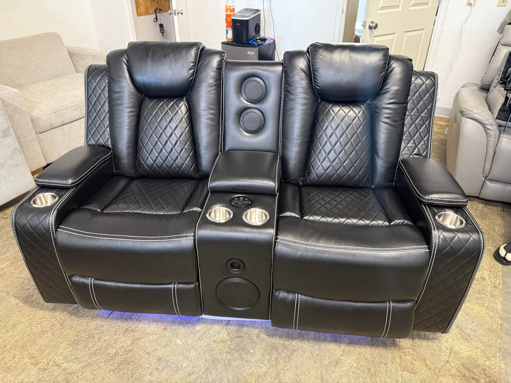 Leather Power Loveseat Recliner Couch with Bass Speakers and LED Lights