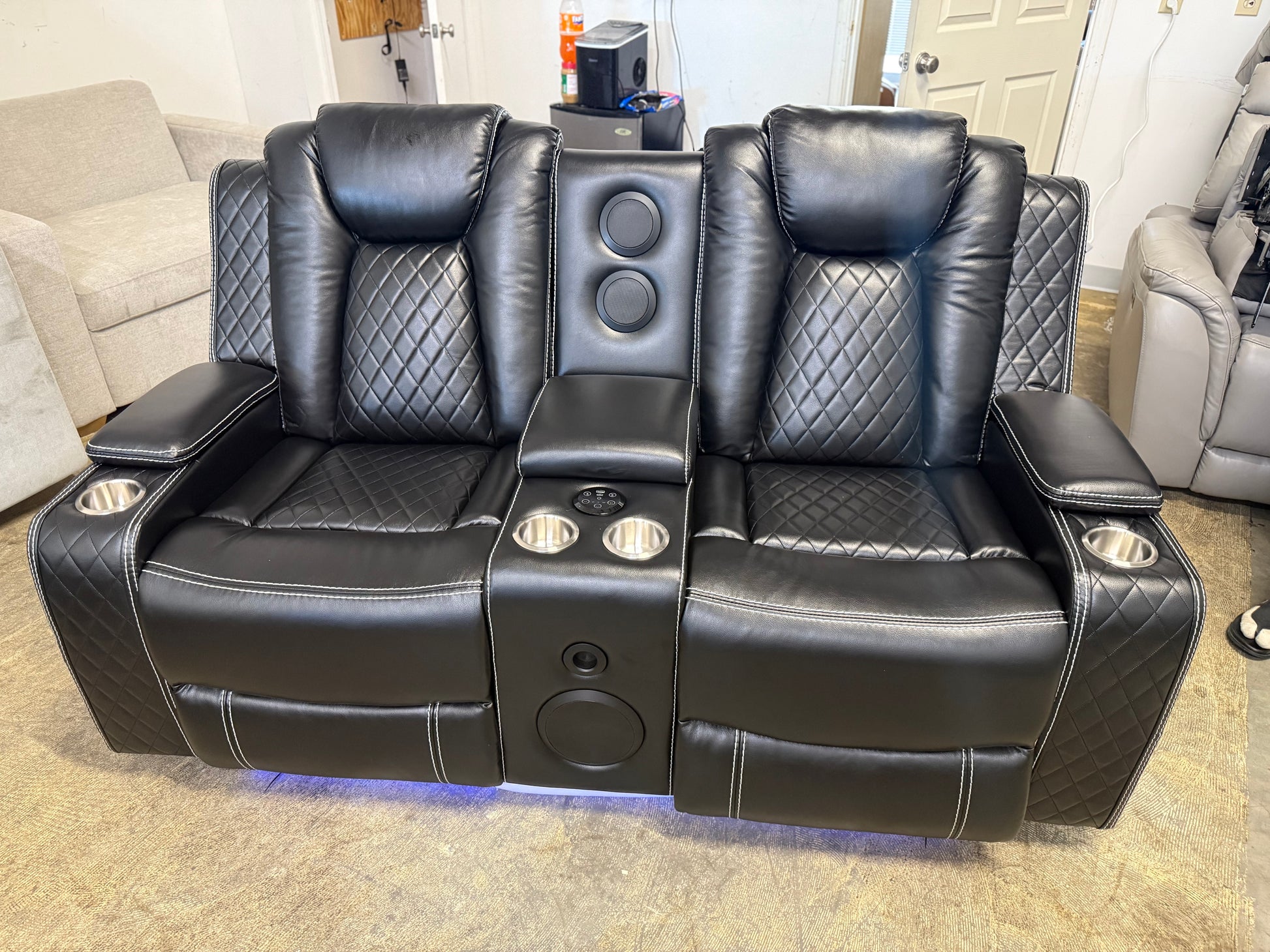Leather Power Loveseat Recliner Couch with Bass Speakers and LED Lights