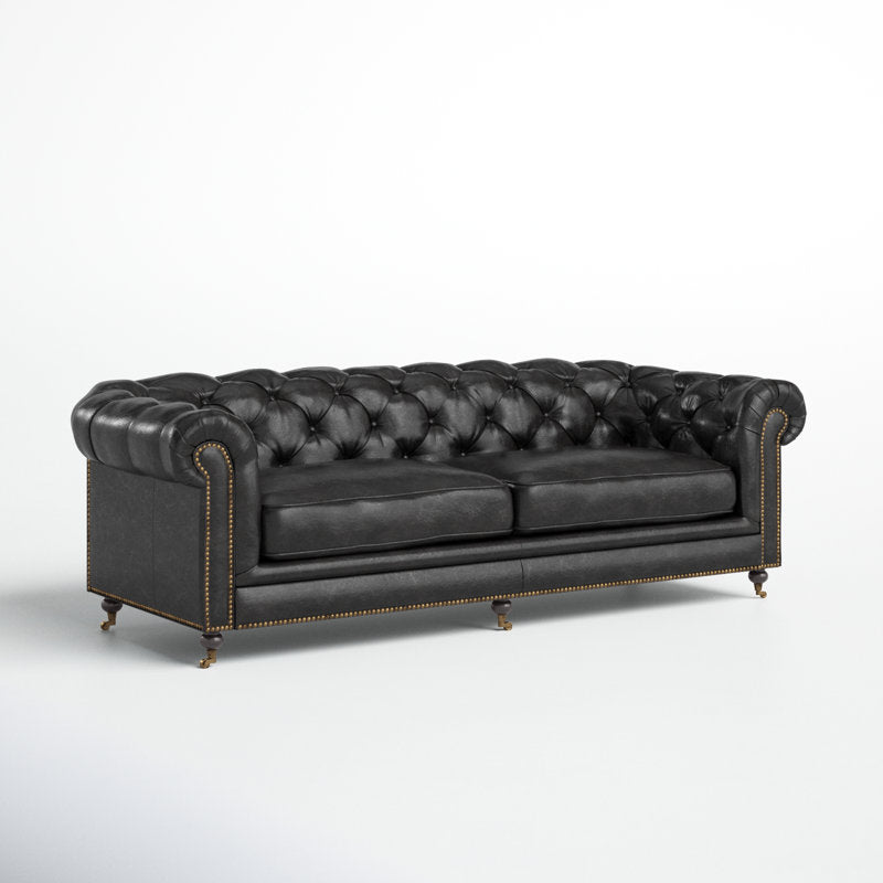 Idalia 87" Genuine Leather Rolled Arm Chesterfield Sofa with Reversible Cushions