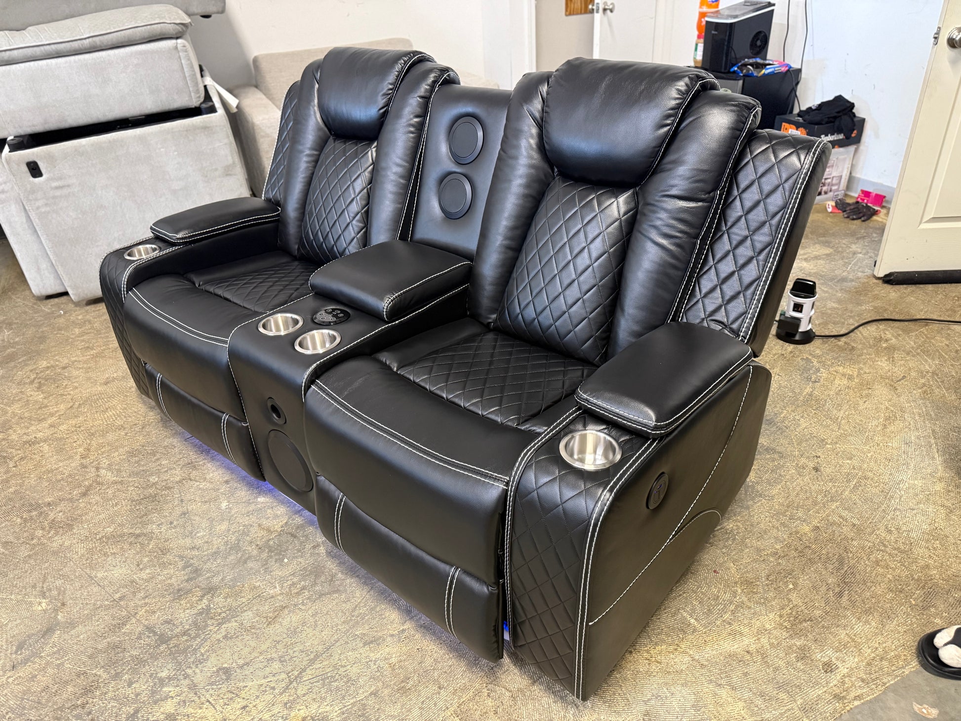 Leather Power Loveseat Recliner Couch with Bass Speakers and LED Lights