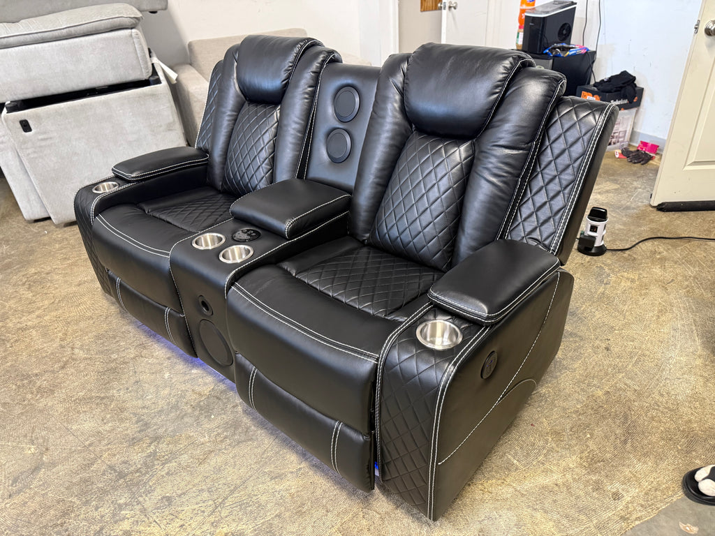 Leather Power Loveseat Recliner Couch with Bass Speakers and LED Lights