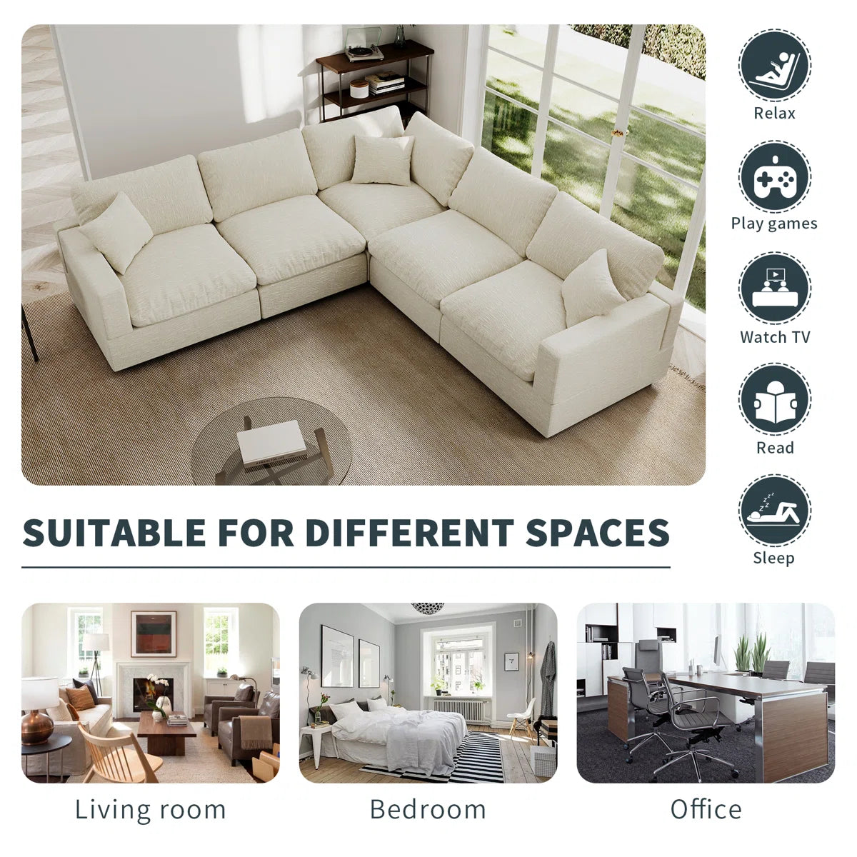 Ovaish 95.4'' Upholstered Sofa, Cloud Sofa, L Shaped Sectional Sofa Couch Modular Sofa for Living Room