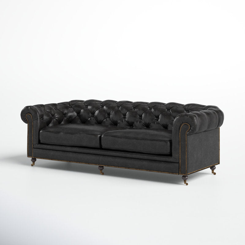 Idalia 87" Genuine Leather Rolled Arm Chesterfield Sofa with Reversible Cushions