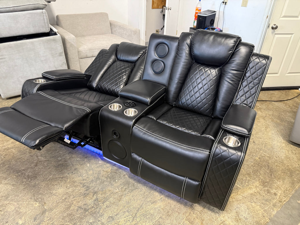 Leather Power Loveseat Recliner Couch with Bass Speakers and LED Lights