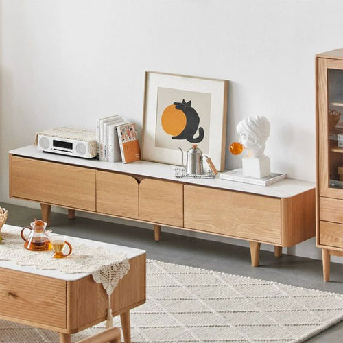 59.06" White+Burlywood Stone+Solid Wood TV Stands