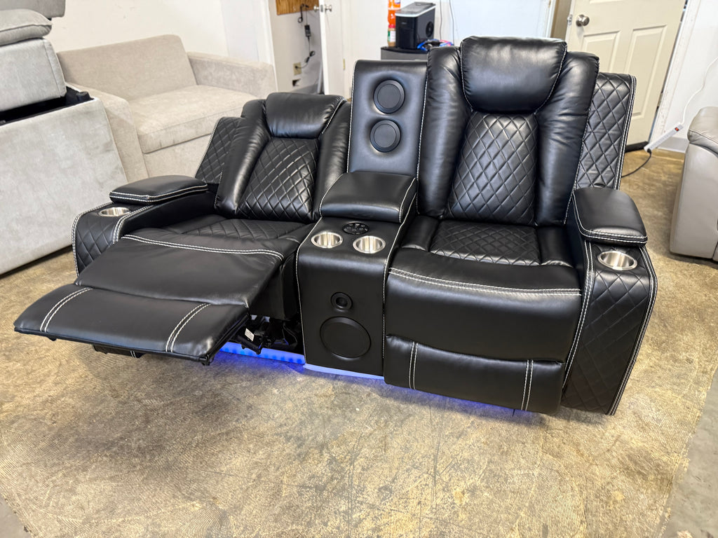 Leather Power Loveseat Recliner Couch with Bass Speakers and LED Lights