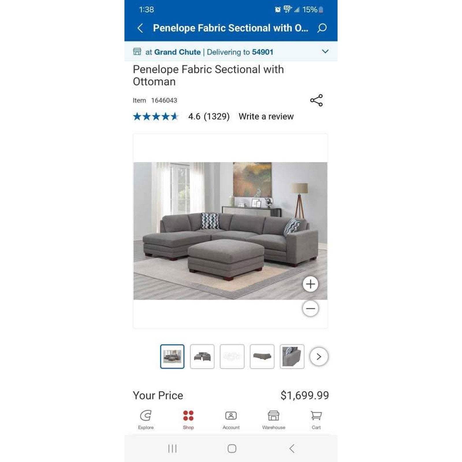 Penelope Fabric Sectional with Ottoman Free Delivery 🚚