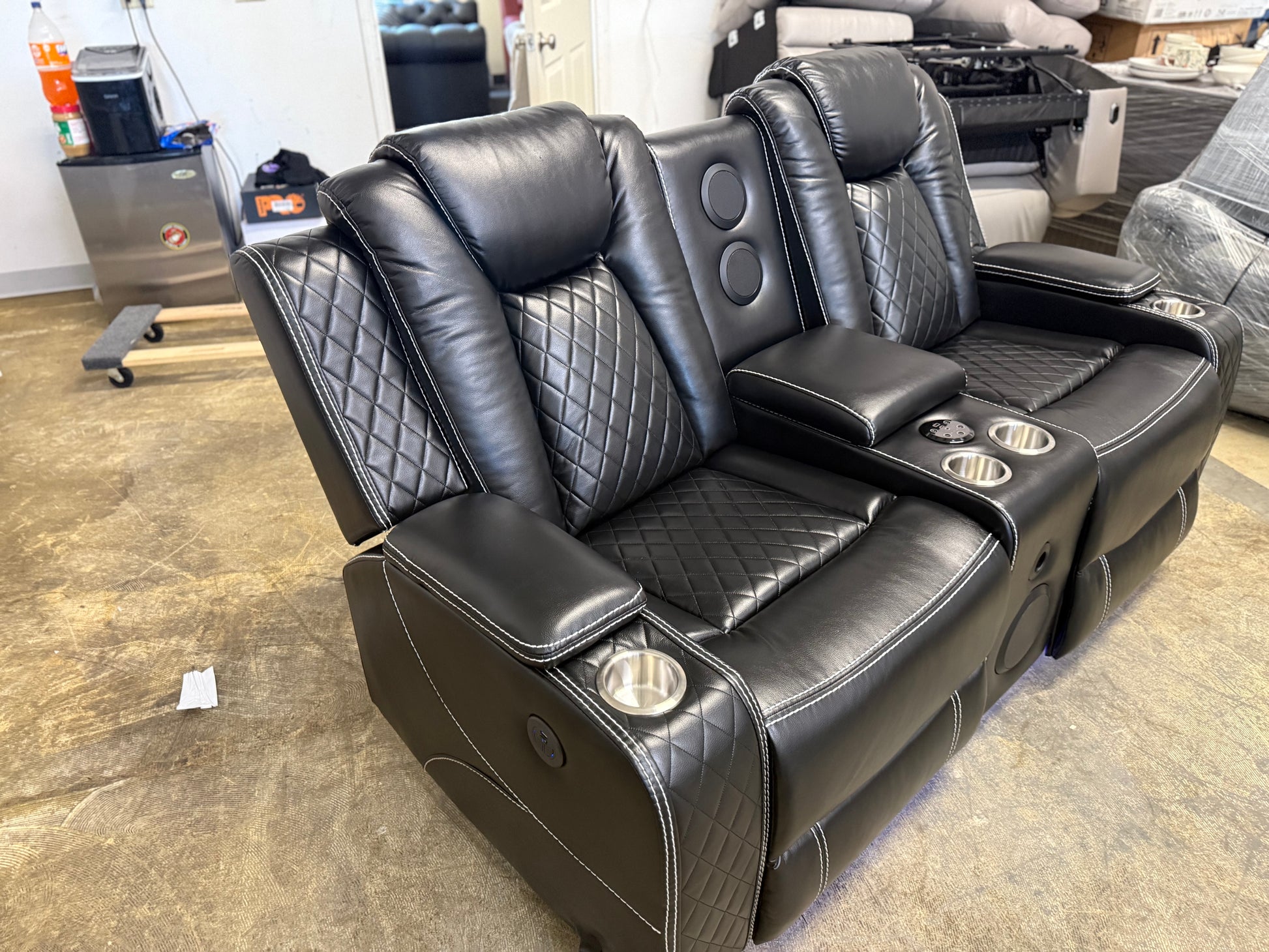Leather Power Loveseat Recliner Couch with Bass Speakers and LED Lights