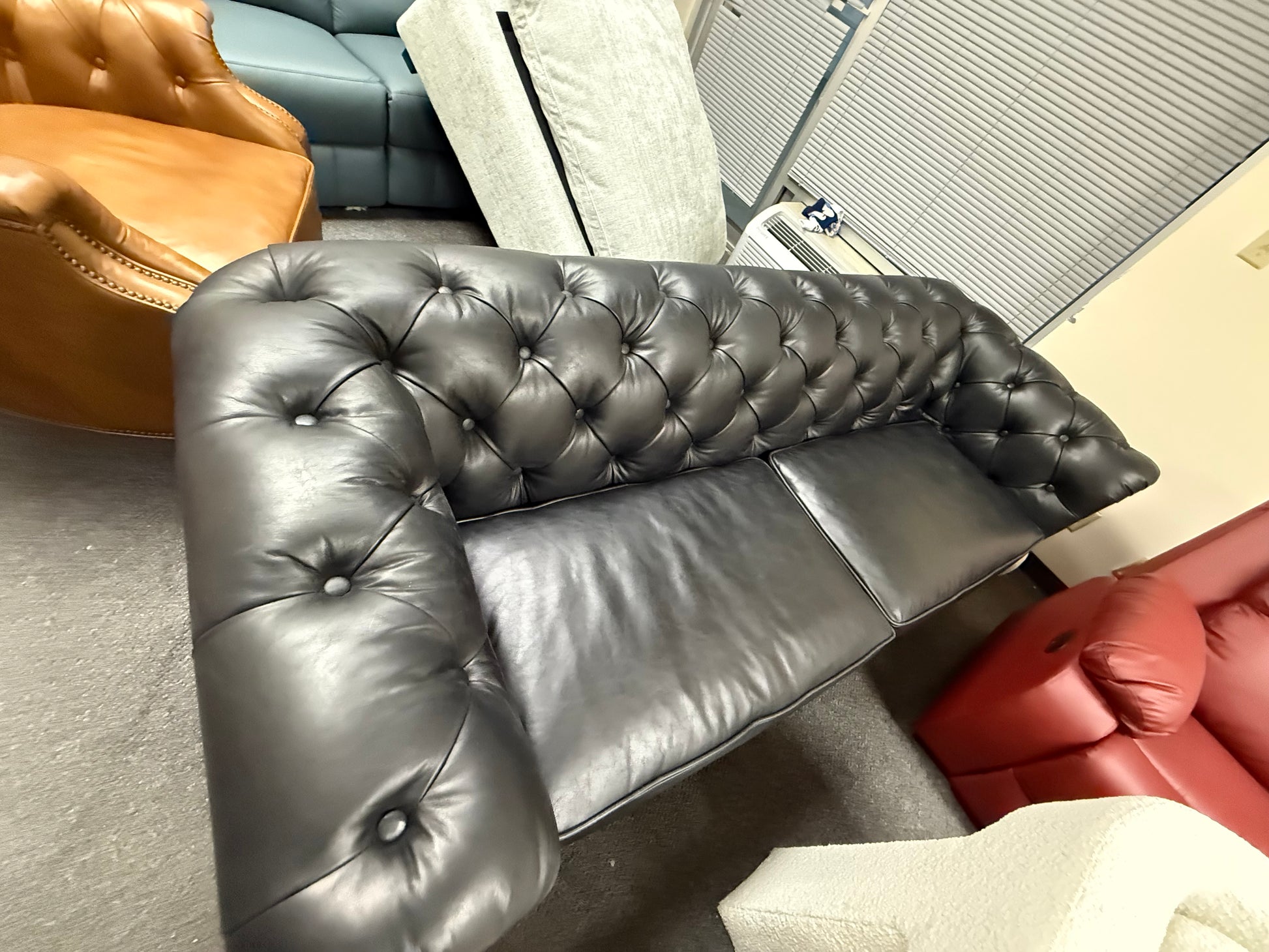 Idalia 87" Genuine Leather Rolled Arm Chesterfield Sofa with Reversible Cushions