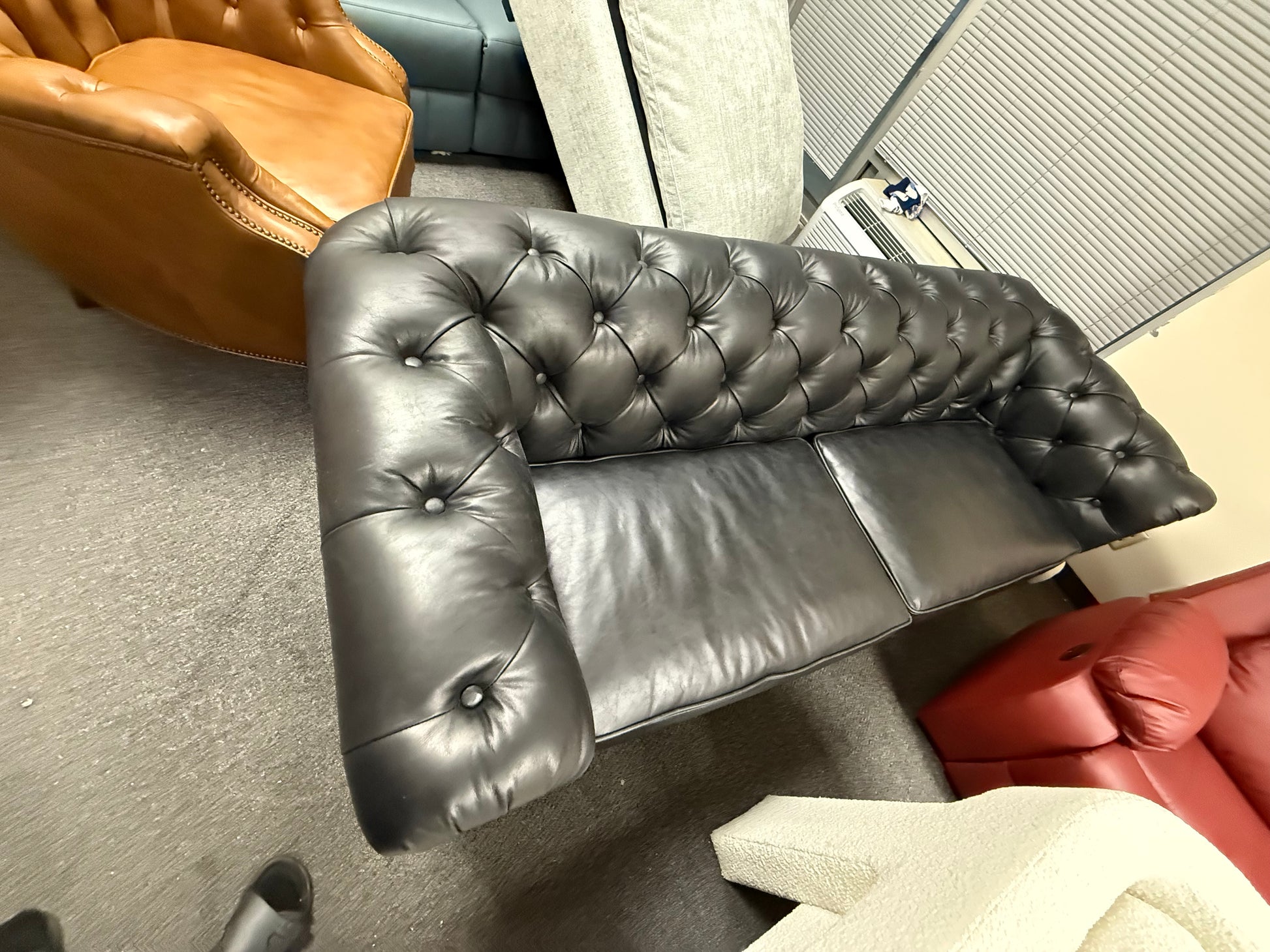 Idalia 87" Genuine Leather Rolled Arm Chesterfield Sofa with Reversible Cushions