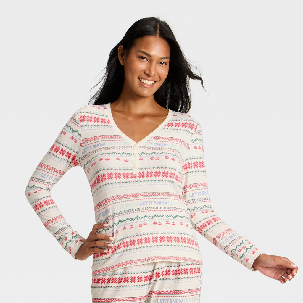 Women's "Let it Snow" Fair Isle Cozy Knit Long Sleeve Henley Holiday Matching Family Pajama Shirt - Wondershop™ Cream