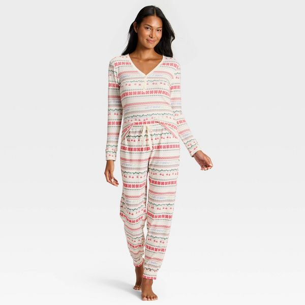 Women's "Let it Snow" Fair Isle Cozy Knit Long Sleeve Henley Holiday Matching Family Pajama Shirt - Wondershop™ Cream