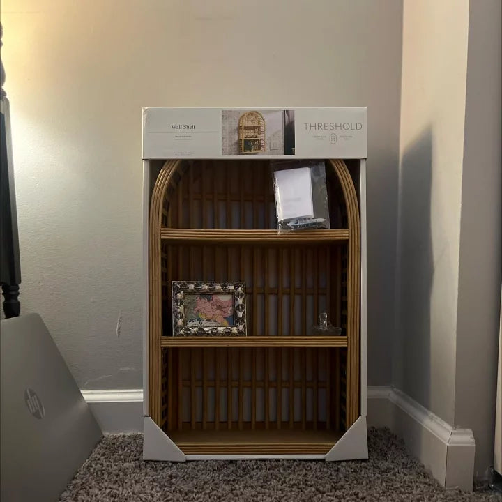 12" x 20" Wood and Rattan Wall Shelf Natural - Threshold™: Modern Vertical Geometric Decor, No Battery Required