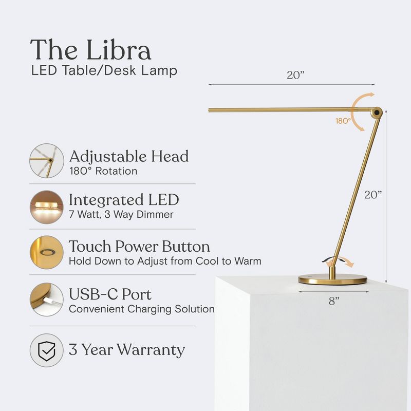 Brightech Libra Modern Dimmable Integrated LED Arc Desk Table Lamp Antiqued Brass: Touch Sensor Desk Lamp with USB-C Port, No Assembly, UL Listed