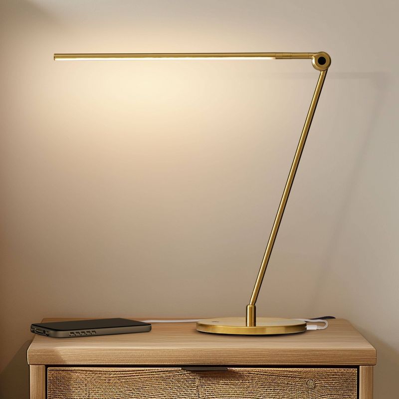 Brightech Libra Modern Dimmable Integrated LED Arc Desk Table Lamp Antiqued Brass: Touch Sensor Desk Lamp with USB-C Port, No Assembly, UL Listed