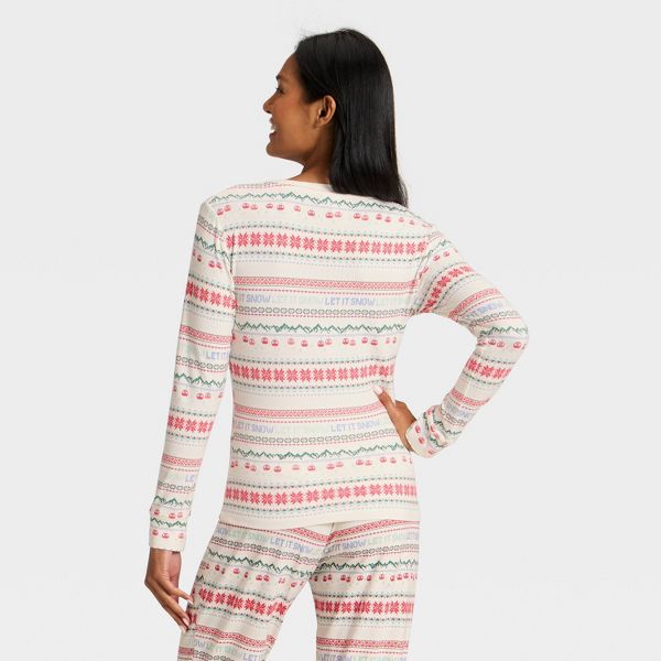 Women's "Let it Snow" Fair Isle Cozy Knit Long Sleeve Henley Holiday Matching Family Pajama Shirt - Wondershop™ Cream