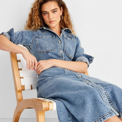 Women's Long Sleeve Denim Midi Dress - Future Collective