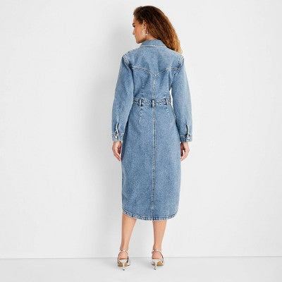 Women's Long Sleeve Denim Midi Dress - Future Collective