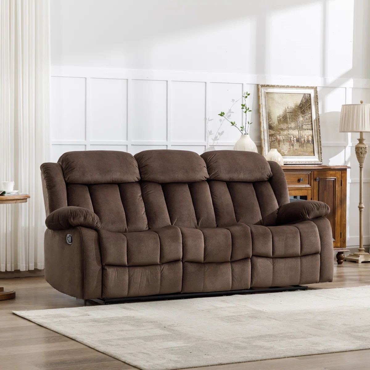 Oxier 84'' Wide Microsuede Manual Reclining Sofa, 3-Seater Recliner Couch with Skin-Friendly Upholstery