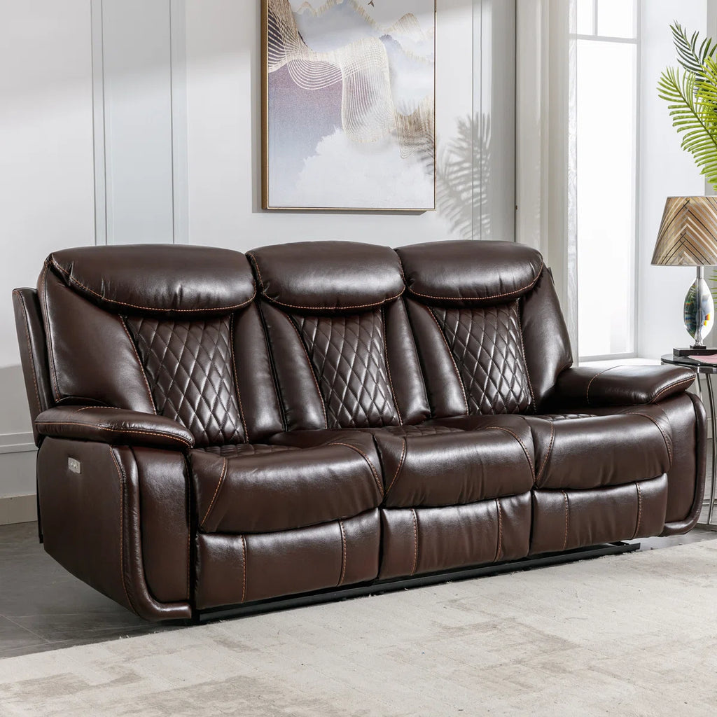 Saneela 84.6'' Wide Breathable Leather Pillow Top Arm Power Reclining Sofa with Diamond Stitching