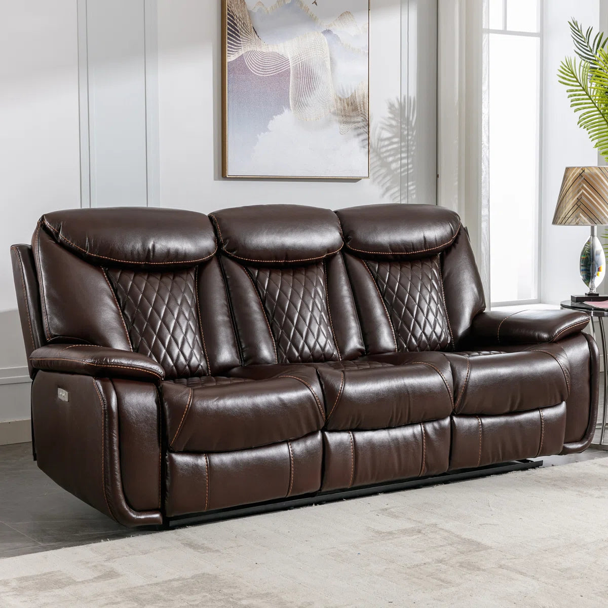 Saneela 84.6'' Wide Breathable Leather Pillow Top Arm Power Reclining Sofa with Diamond Stitching
