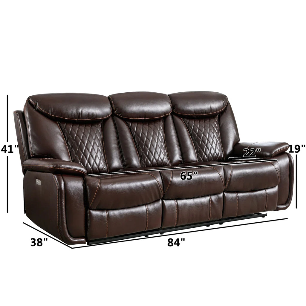 Saneela 84.6'' Wide Breathable Leather Pillow Top Arm Power Reclining Sofa with Diamond Stitching
