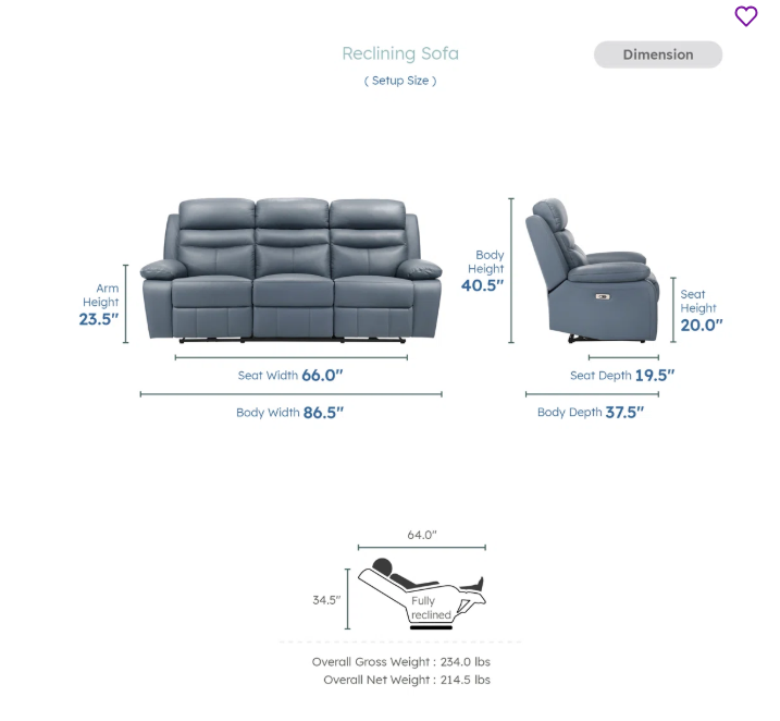 Kaniel 86.5'' Transitional Power Double Reclining Sofa - Power Reclining Sofa with Top Grain Leather Upholstery, Dual Power Reclining, Integrated USB Ports and Metal-Reinforced Frame