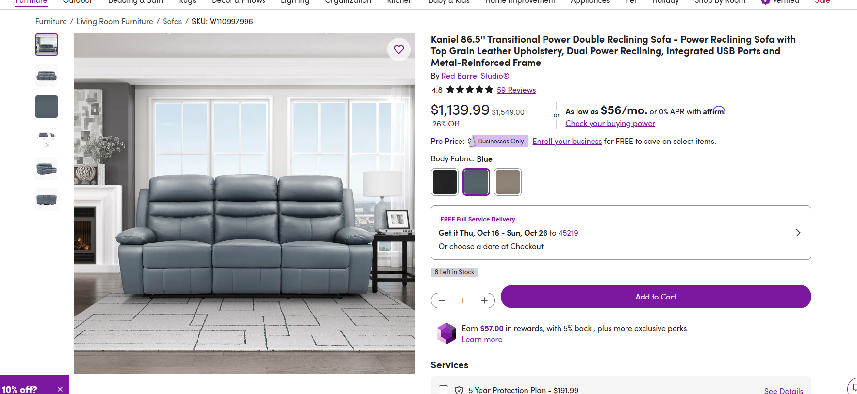 Kaniel 86.5'' Transitional Power Double Reclining Sofa - Power Reclining Sofa with Top Grain Leather Upholstery, Dual Power Reclining, Integrated USB Ports and Metal-Reinforced Frame