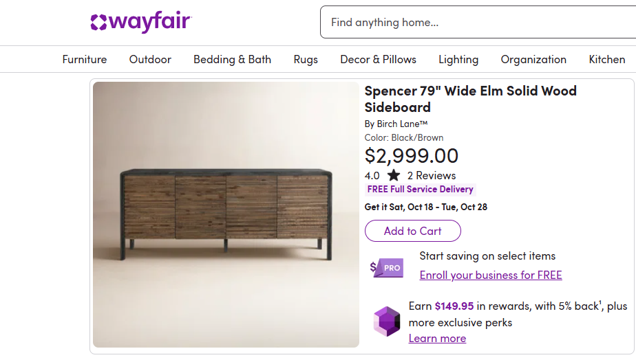 Spencer 79" Wide Elm Solid Wood Sideboard