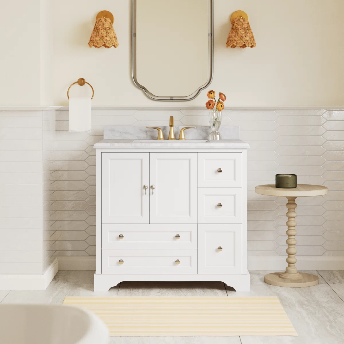 Tilford 36" Single Bathroom Vanity Set with White Cabinet and Carrara Marble Countertop