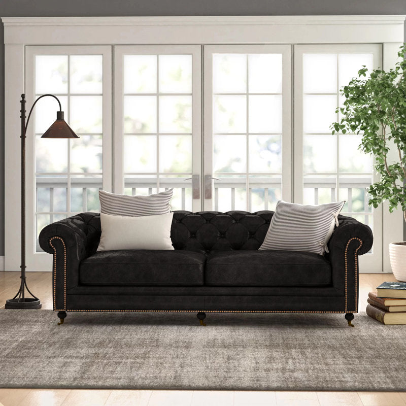 Idalia 87" Genuine Leather Rolled Arm Chesterfield Sofa with Reversible Cushions