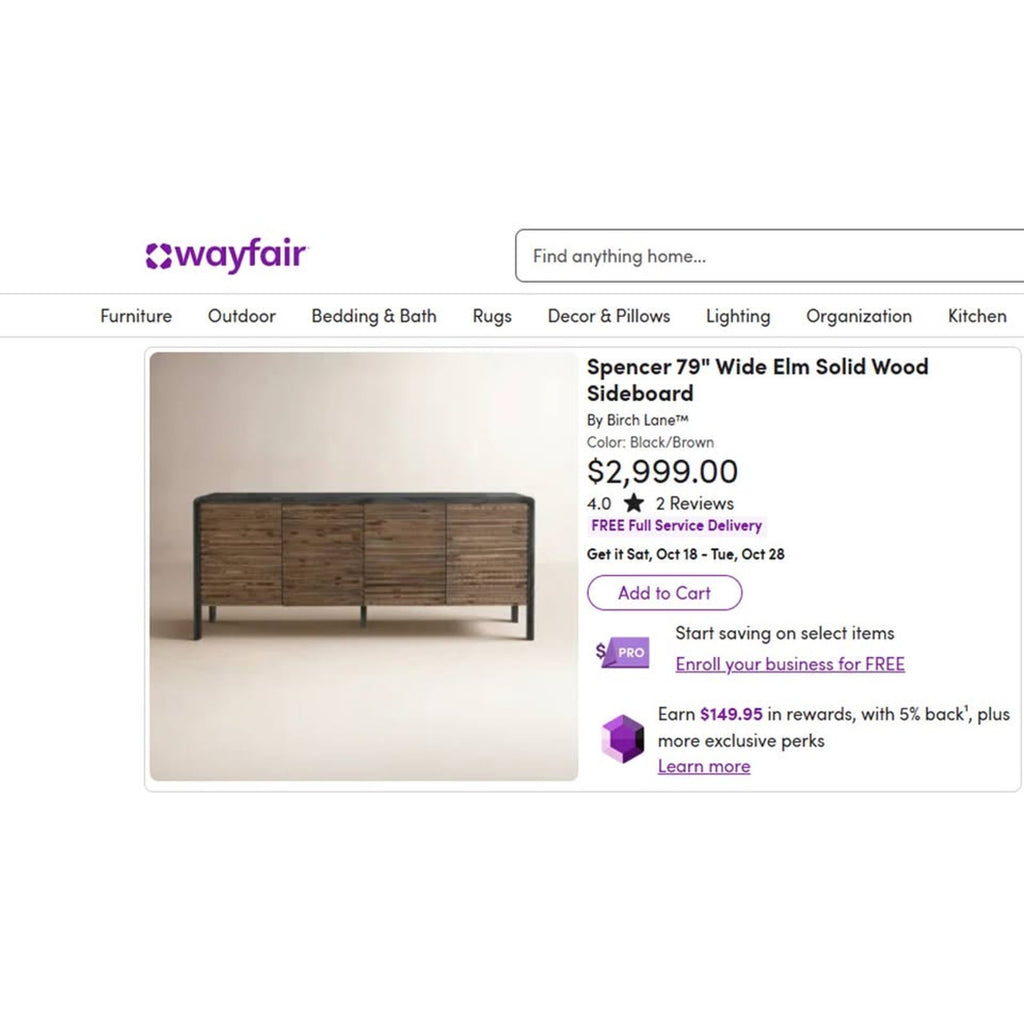 Spencer 79" Wide Elm Solid Wood Sideboard (Free delivery)