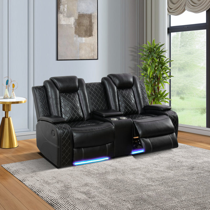 73"W Breathable Leather Dual Motor Power Reclining Loveseat Sofa with Storage Armrest And Blue LED Lights