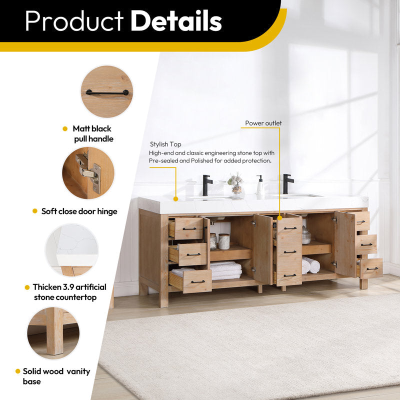 Aranwen 84'' Double Bathroom Vanity with Engineered Marble Top