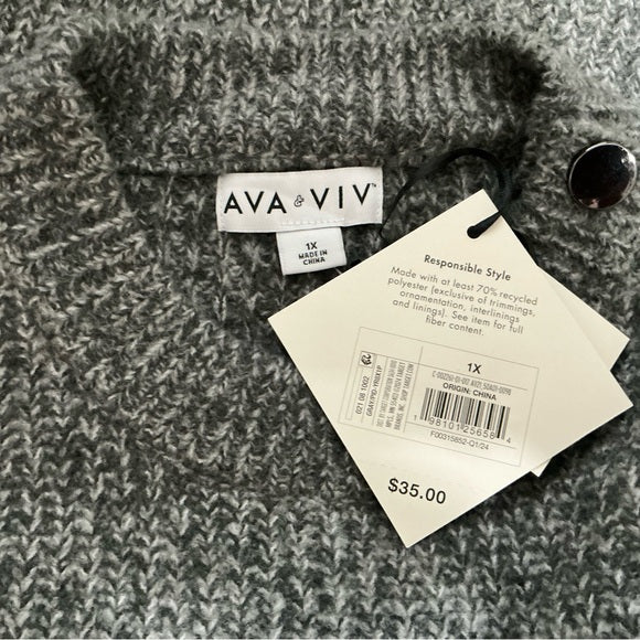 Ava & Viv Women’s Gray Button Crewneck Pullover Sweater Size 1X