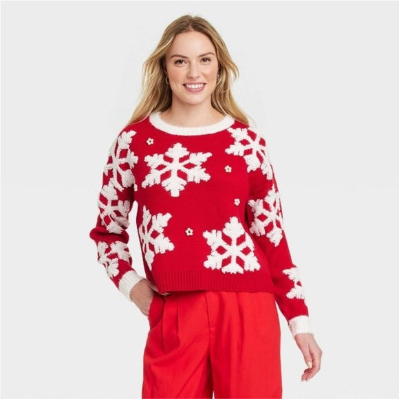 Women's Snowflake Christmas Festive Graphic Sweater - Red M NWOT