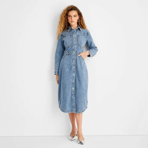 Women's Long Sleeve Denim Midi Dress - Future Collective